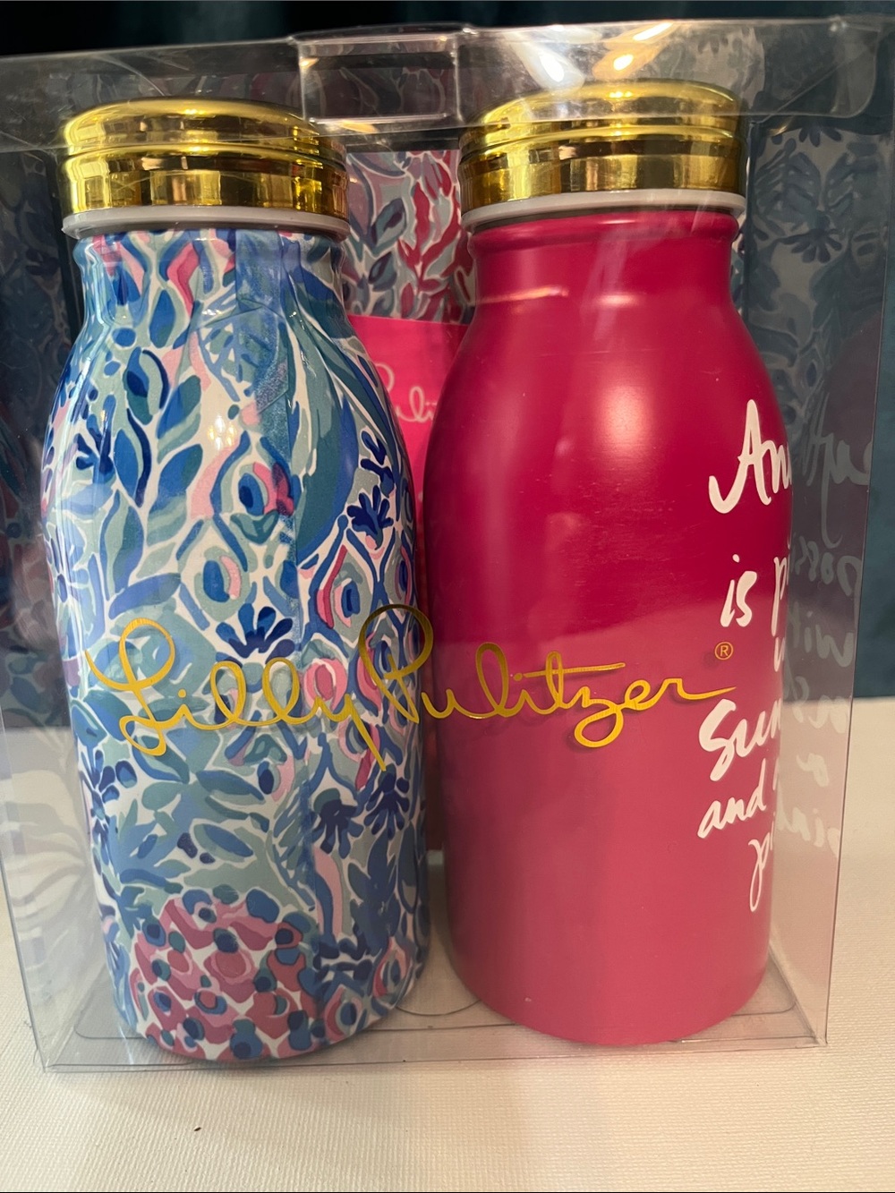 Lilly Pulitzer Blue Floral & Hot Pink Stainless Steel Bottle Set
